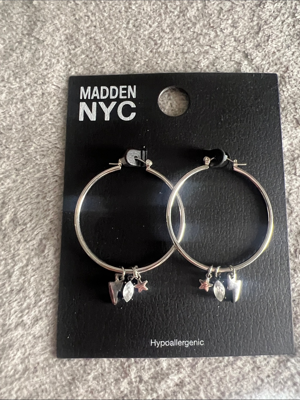 Madden NYC Silver Hoop Earrings with Star & Charm Accents